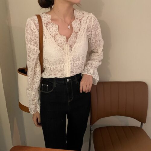 V-Neck Long Sleeves Floral Lace Blouse