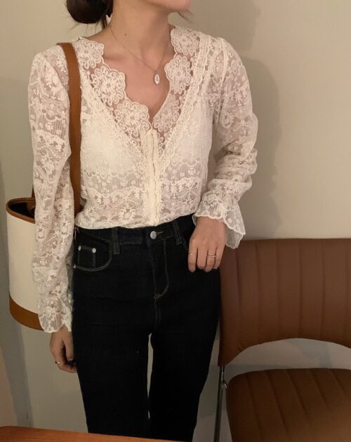 V-Neck Long Sleeves Floral Lace Blouse