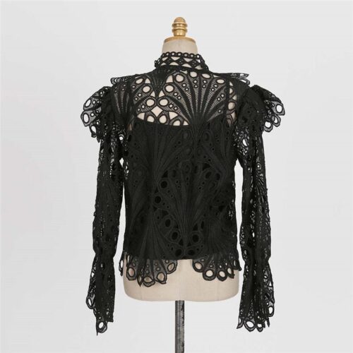 Spring / Autumn Stand Collar Flare Long Sleeves Hollow Out Blouse with Bottoming Camisole - Image 5