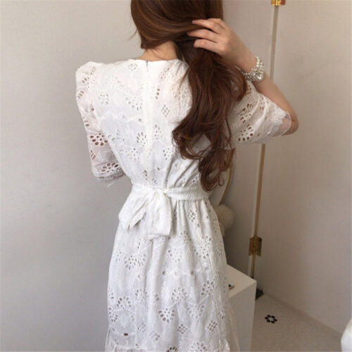 Summer Korean O-Neck Half Sleeves High Waist Lace Hook Flowers Hollow Out Midi Dress - Image 4