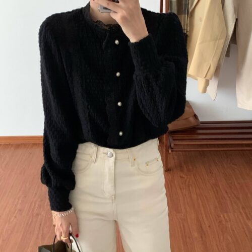 Spring / Autumn O-Neck Long Sleeves Lace Buttons Blouse - Image 2