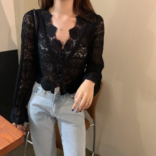 Spring / Autumn V-Neck Long Sleeves Floral Lace Blouse - Image 2