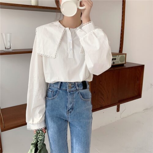Spring / Autumn Puritan collar Long Sleeves Solid Blouse - Image 5