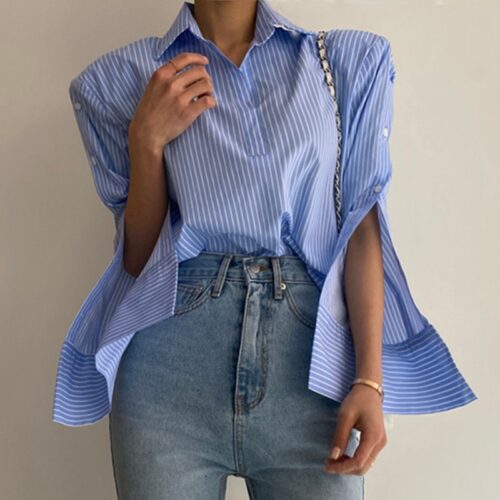 Turn-Down Collar Long Sleeves Back Slit Loose Striped Blouse