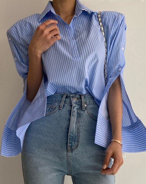 Turn-Down Collar Long Sleeves Back Slit Loose Striped Blouse