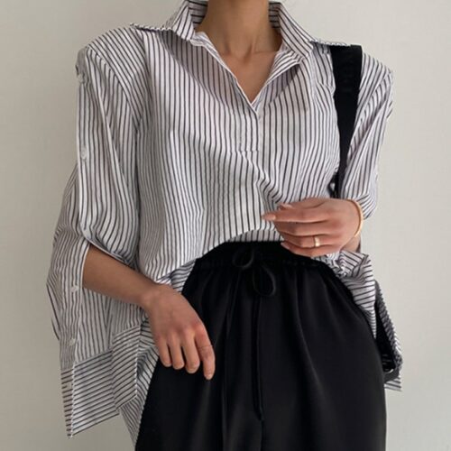 Spring / Autumn Turn-Down Collar Long Sleeves Back Slit Loose Striped Blouse - Image 4