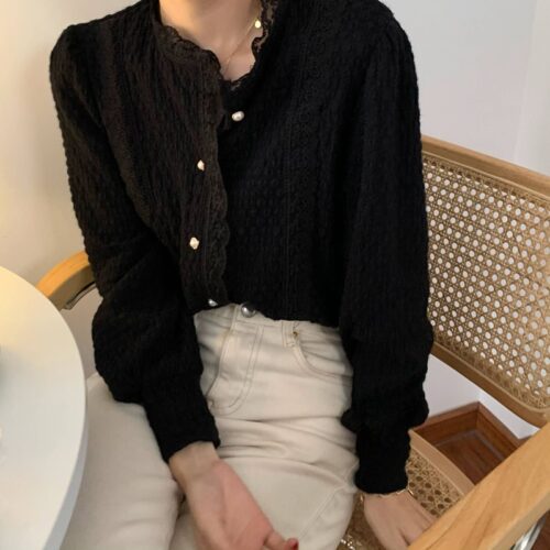 Spring / Autumn O-Neck Long Sleeves Lace Buttons Blouse - Image 5