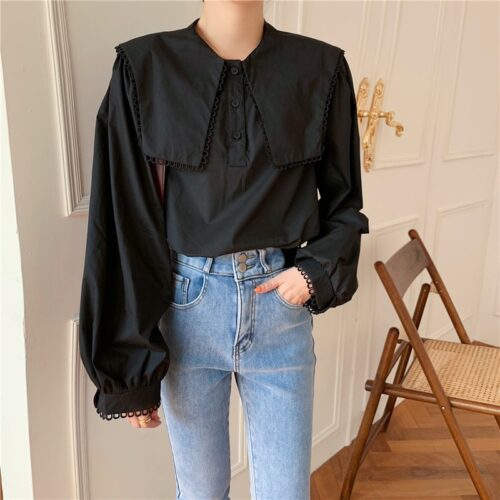Spring / Autumn Puritan collar Long Sleeves Solid Blouse - Image 3