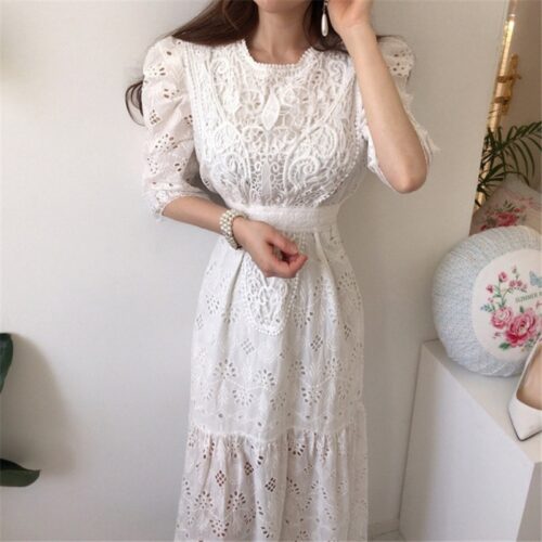 Summer Korean O-Neck Half Sleeves High Waist Lace Hook Flowers Hollow Out Midi Dress - Image 2