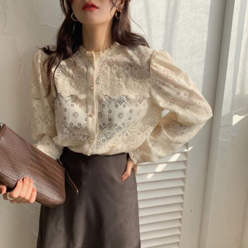 Spring / Autumn O-Neck Long Sleeves Cotton Hollow Out Lace Buttons Blouse - Image 4