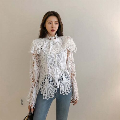 Spring / Autumn Stand Collar Flare Long Sleeves Hollow Out Blouse with Bottoming Camisole - Image 3
