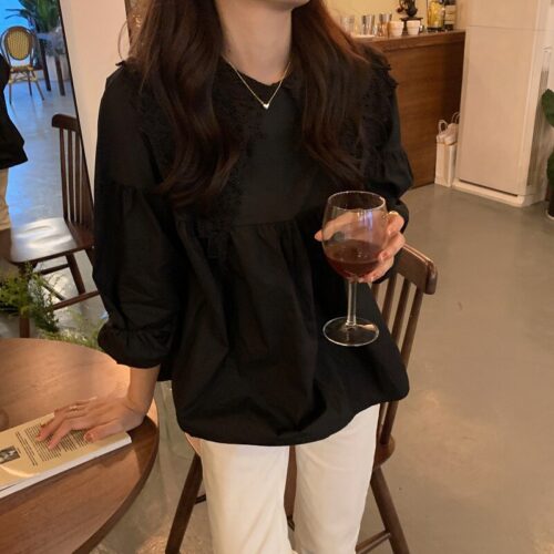 Butterfly Lace Collar Long Sleeves Solid Blouse