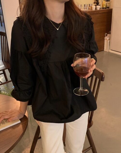 Butterfly Lace Collar Long Sleeves Solid Blouse