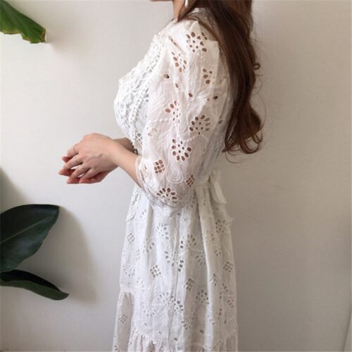 Summer Korean O-Neck Half Sleeves High Waist Lace Hook Flowers Hollow Out Midi Dress - Image 3