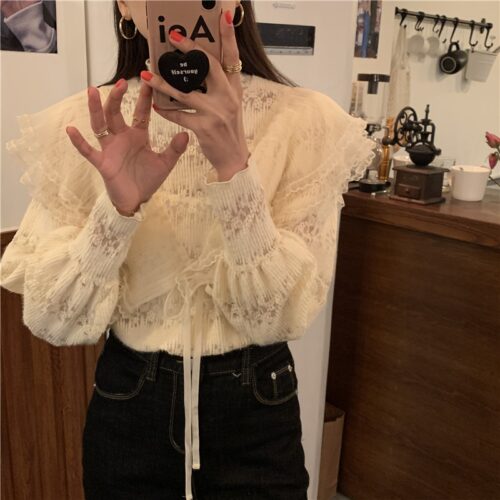 Stand Collar Long Sleeves Ruffles Lace-Up Blouse