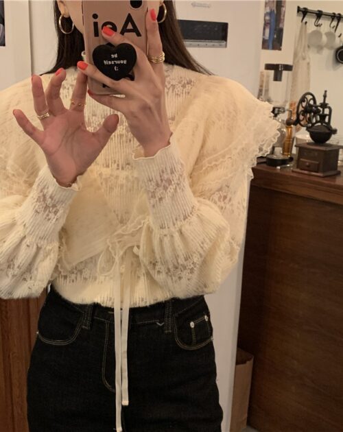 Stand Collar Long Sleeves Ruffles Lace-Up Blouse