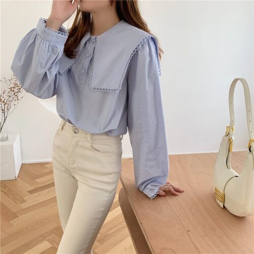 Spring / Autumn Puritan collar Long Sleeves Solid Blouse - Image 6