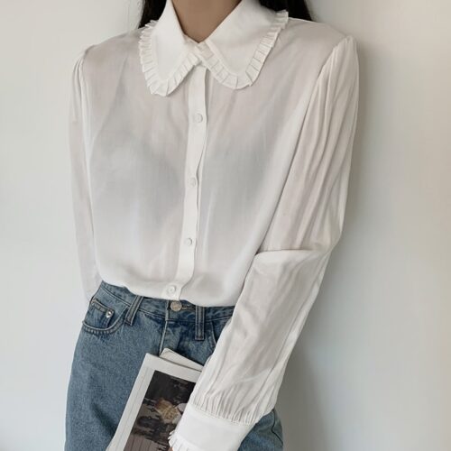 Spring / Autumn Korean Frilled Turn-Down Collar Long Sleeves One-Button Cuffs Solid Blouse - Image 2