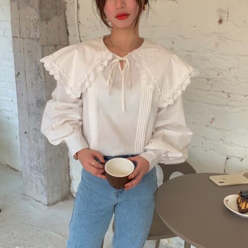 Spring / Autumn Lace-Up Collar Long Sleeves Loose pleated Solid Blouse - Image 3