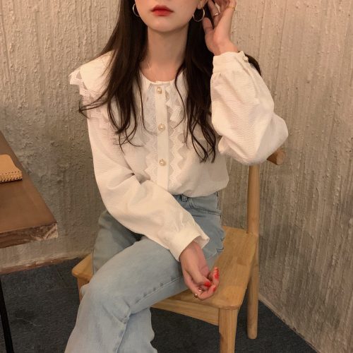 Spring / Autumn Big Lapel Collar Long Sleeves Lace Buttons Solid Blouse - Image 2