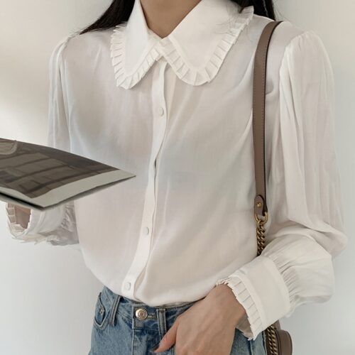 Spring / Autumn Korean Frilled Turn-Down Collar Long Sleeves One-Button Cuffs Solid Blouse - Image 4
