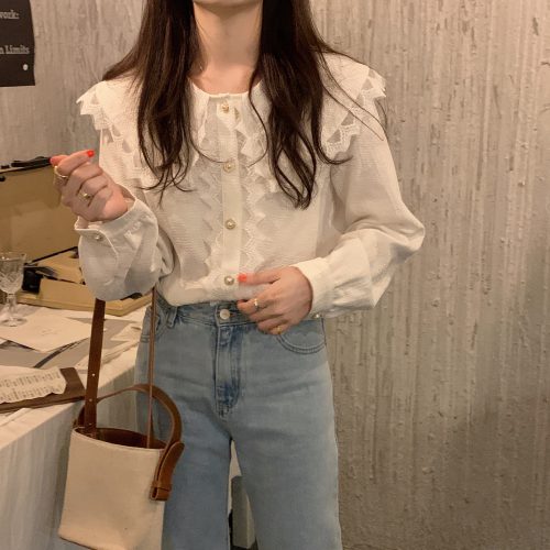 Spring / Autumn Big Lapel Collar Long Sleeves Lace Buttons Solid Blouse - Image 3