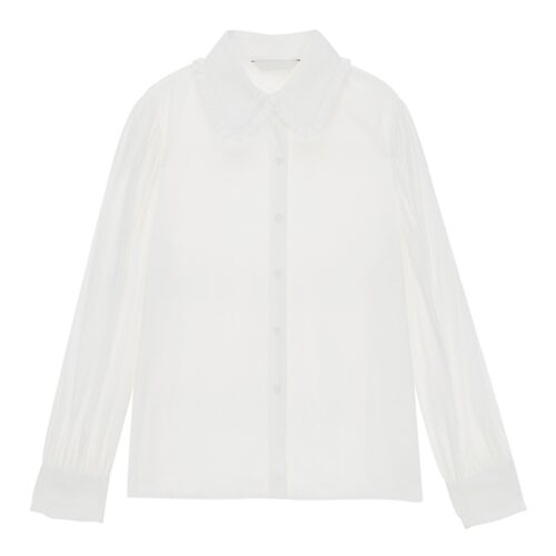 Spring / Autumn Korean Frilled Turn-Down Collar Long Sleeves One-Button Cuffs Solid Blouse - Image 6