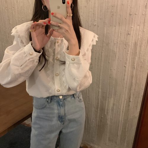 Autumn Big Lapel Collar Long Sleeves Lace Buttons Solid Blouse