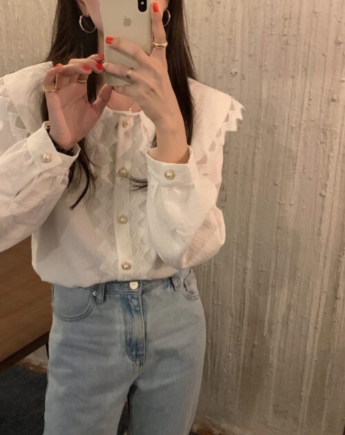 Autumn Big Lapel Collar Long Sleeves Lace Buttons Solid Blouse