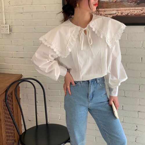 Spring / Autumn Lace-Up Collar Long Sleeves Loose pleated Solid Blouse