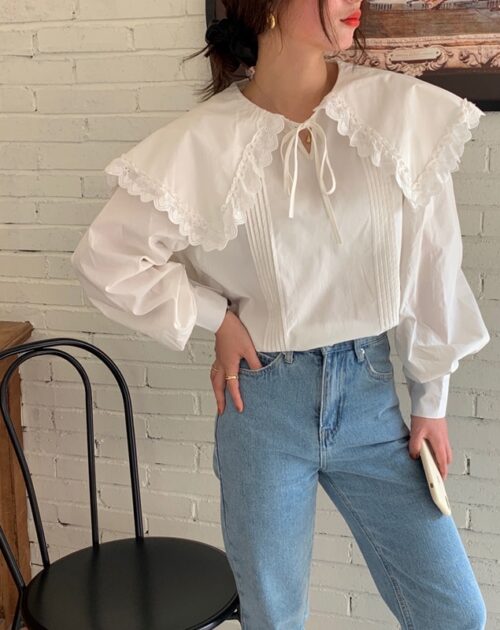 Spring / Autumn Lace-Up Collar Long Sleeves Loose pleated Solid Blouse