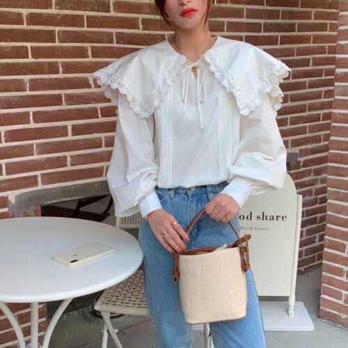 Spring / Autumn Lace-Up Collar Long Sleeves Loose pleated Solid Blouse - Image 5