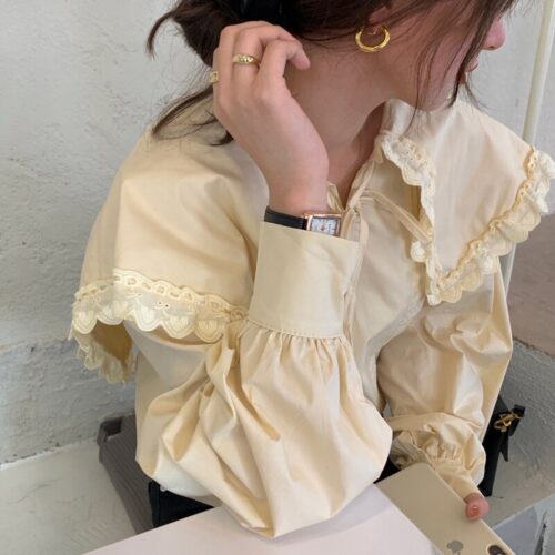 Spring / Autumn Lace-Up Collar Long Sleeves Loose pleated Solid Blouse - Image 6