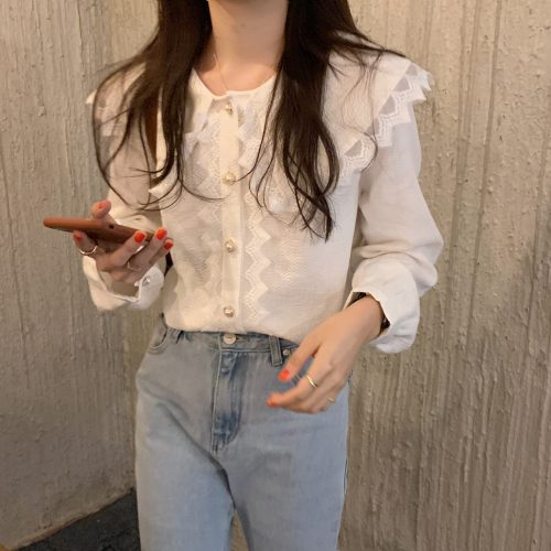 Spring / Autumn Big Lapel Collar Long Sleeves Lace Buttons Solid Blouse - Image 5