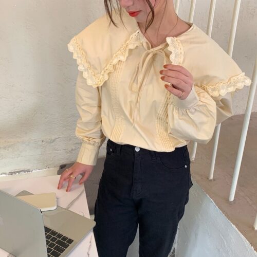 Spring / Autumn Lace-Up Collar Long Sleeves Loose pleated Solid Blouse - Image 2