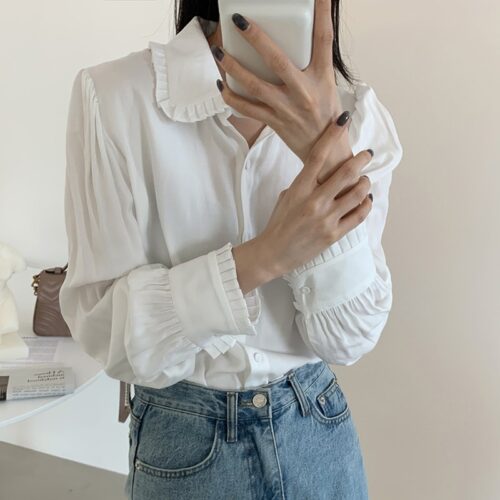 Frilled Turn-Down Collar Long Sleeves One-Button Cuffs Solid Blouse