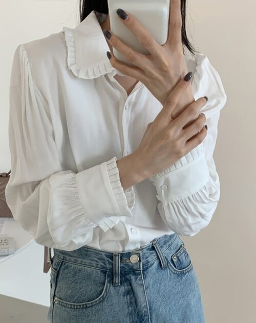 Frilled Turn-Down Collar Long Sleeves One-Button Cuffs Solid Blouse