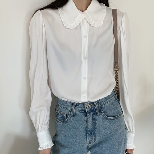 Spring / Autumn Korean Frilled Turn-Down Collar Long Sleeves One-Button Cuffs Solid Blouse - Image 5
