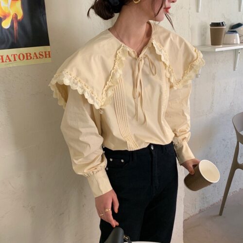 Spring / Autumn Lace-Up Collar Long Sleeves Loose pleated Solid Blouse - Image 4