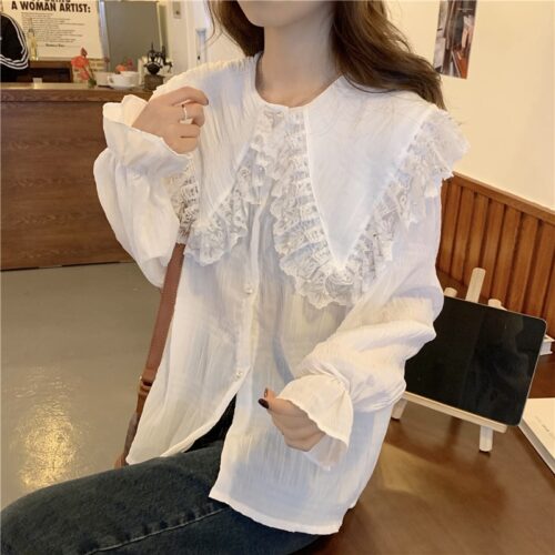 Spring / Autumn Butterfly Lace Collar Long Sleeves Loose Solid Blouse - Image 5