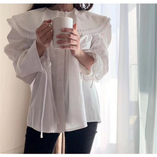 Spring / Autumn Pilgrim Collar Long Sleeves Thicken Drawstrings Loose Blouse - Image 2