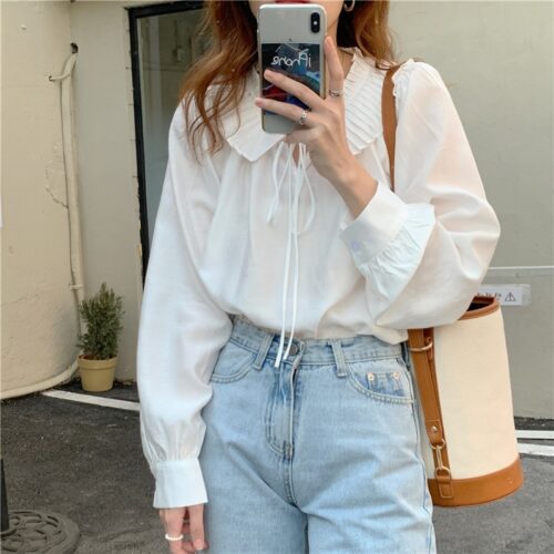 Spring / Autumn Lace-Up Collar Long Sleeves Loose Solid Blouse - Image 2