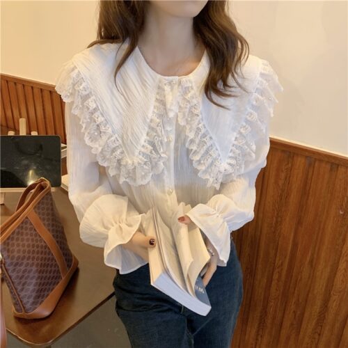 Spring / Autumn Butterfly Lace Collar Long Sleeves Loose Solid Blouse - Image 4
