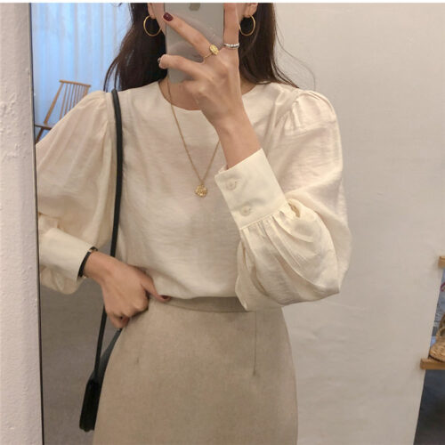 O-Neck Long Puff Sleeves Two-Button Cuffs Loose Solid Blouse