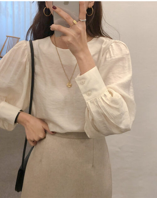 O-Neck Long Puff Sleeves Two-Button Cuffs Loose Solid Blouse