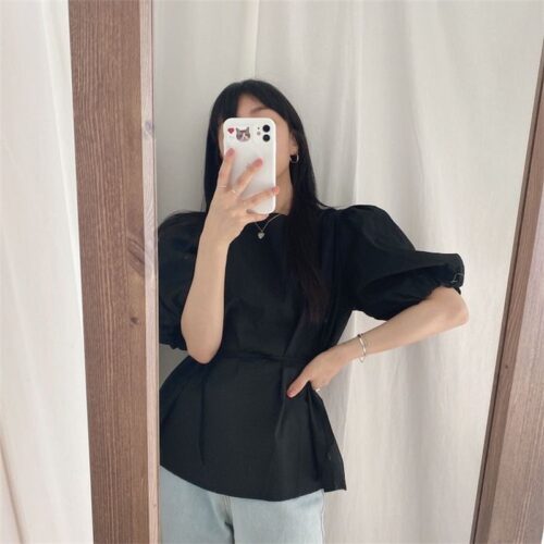 Summer O-Neck Short Puff Sleeves Cotton Lace-Up Solid Blouse - Image 5