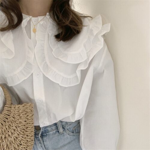 Spring / Autumn Double-Layer Ruffles Collar Long Petal Sleeves Loose Blouse - Image 6