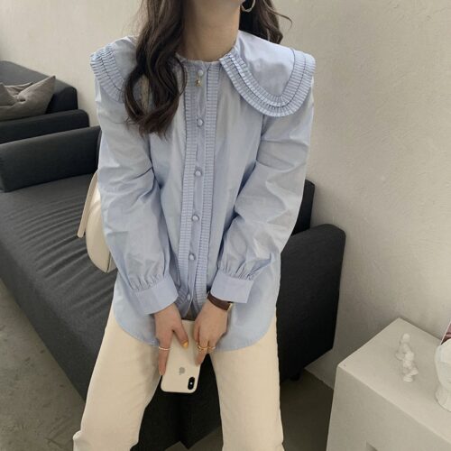 Spring / Autumn Frilled Big Lapel Collar Long Sleeves Solid Blouse - Image 6