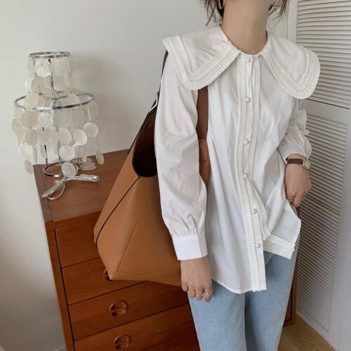 Frilled Big Lapel Collar Long Sleeves Solid Blouse