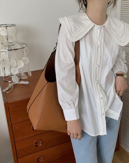 Frilled Big Lapel Collar Long Sleeves Solid Blouse